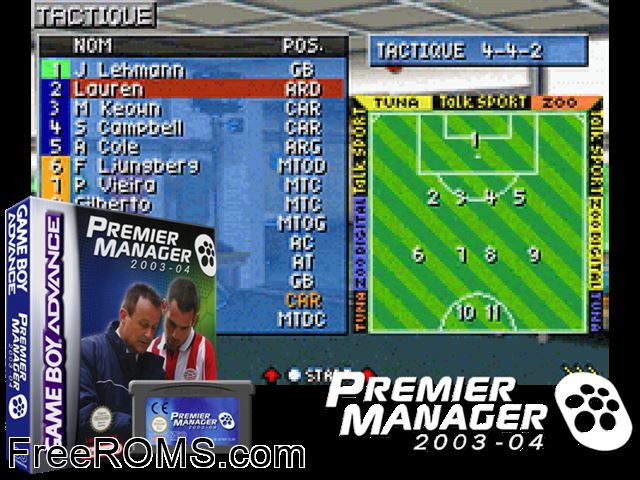 Premier Manager 2003-04 Gameboy Advance game showing 3D box cover and gameplay screenshot